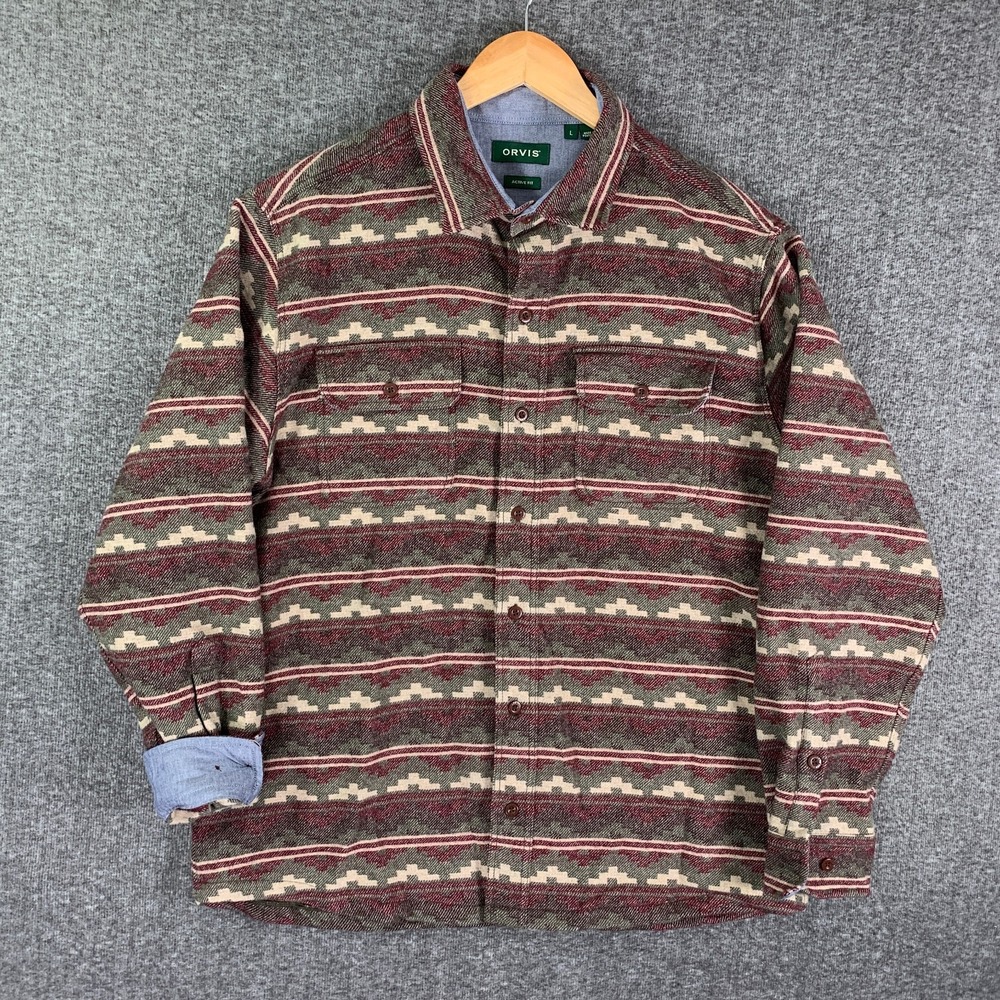Orvis Wool Shirt Men Large Southwestern Aztec Workshirt Shacket Tribal Fair Isle